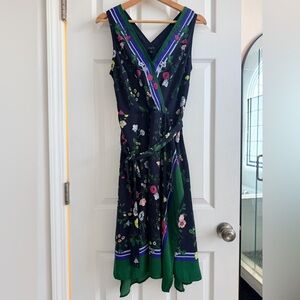 Ann Taylor Navy Floral Scarf-Style Asymmetrical Hem Midi Dress